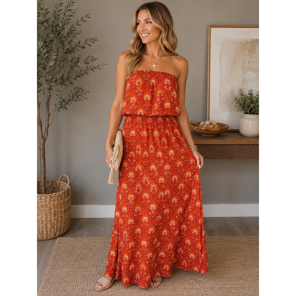 Yidarton Boho Strapless Maxi Dress NWT Resort Vacation Festival M
